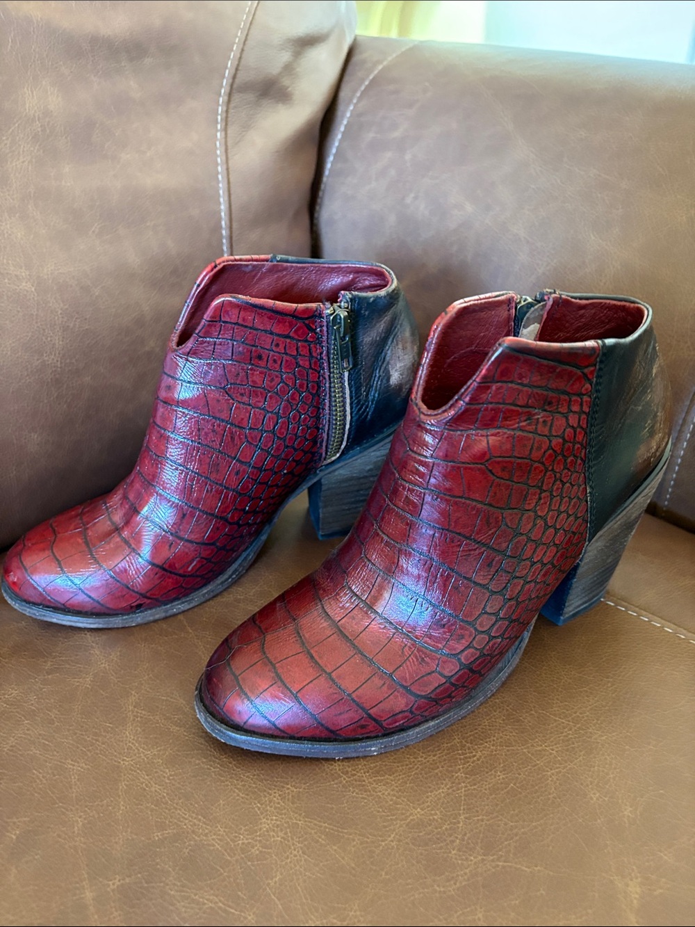 FREEBIRD Detroit Women's Red Croc-Textured Ankle Booties with Side Zip